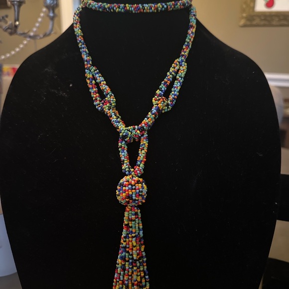 Boho 4-Piece Jewelry Set Tassel & Millefiori Necklaces Bracelet Earrings - Picture 3 of 13